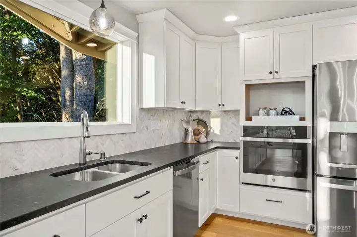 another view of the kitchen - the drawer under the wall oven is a great storage drawer.