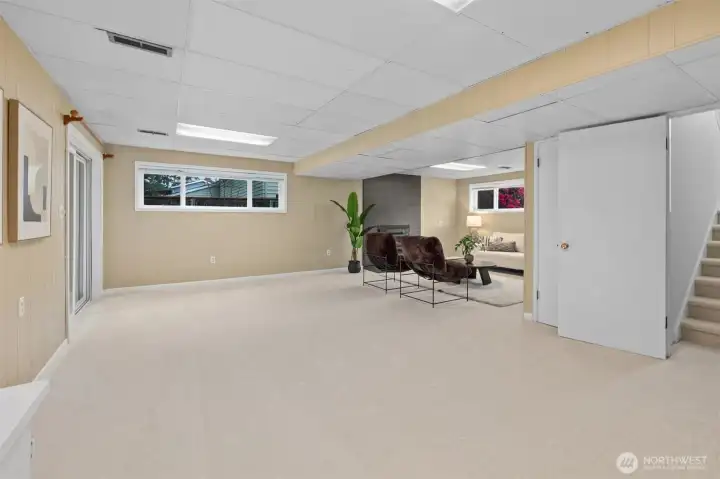 Rec room with endless opportunities. Harry potter would even approve of the extra large storage under the stairs.