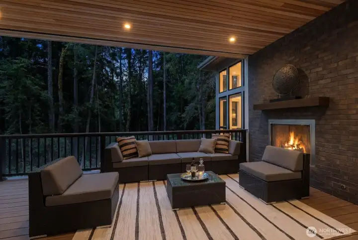 Cover deck with outdoor fireplace