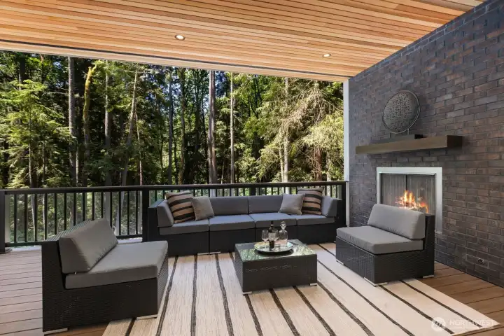 Cover deck with outdoor fireplace