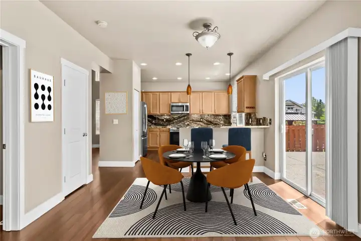 Kitchen with eating area. Kitchen with eating area.