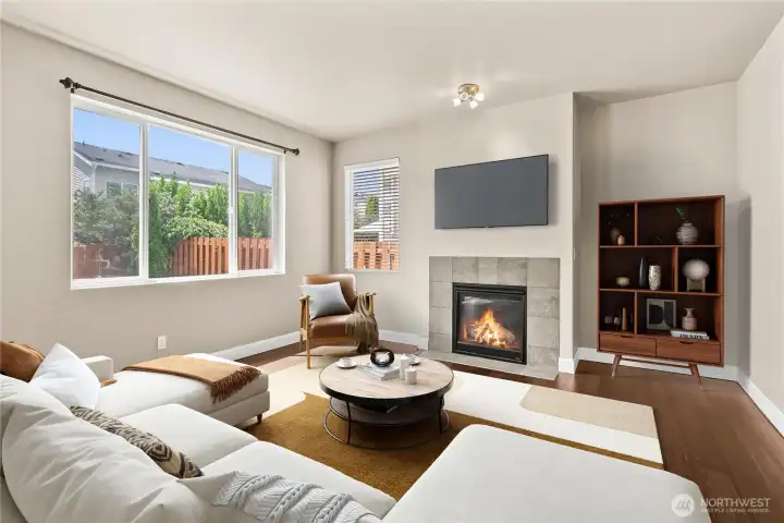 Cozy fireplace in family room. Cozy fireplace in family room.