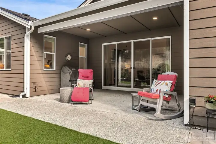 Patio area is extended and offers more space to relax and entertain.  Also has a gas hook up for the grill and exterior outlet.