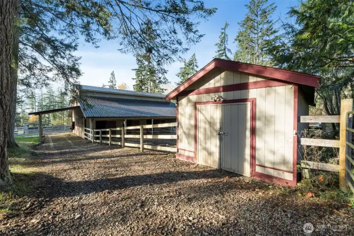 Back side of the barn. Paddocks located off of the stalls for happy horses. Additional storage shed.