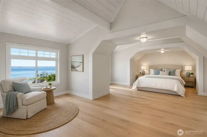 A 1,241 sq ft insulated and plumbed upper level offers future expansion potential. Gorgeous VIEWS! Additional guest quarters, rec room, HUGE primary suite?!?! *Virtual rendering*