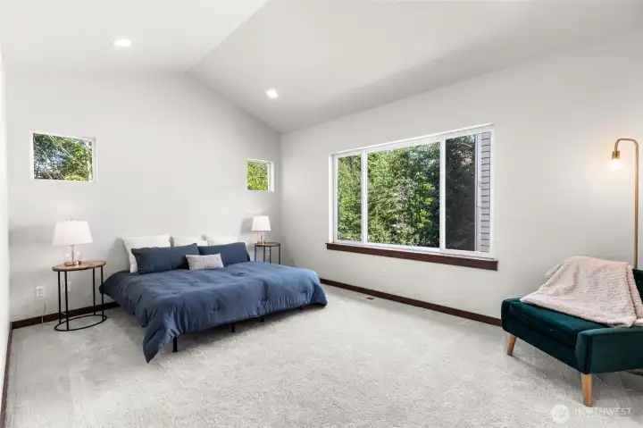 Primary bedroom with vaulted ceiling