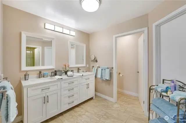 Large newly remodeled bathroom, water closet in back with a huge storage room behind the towel stand.