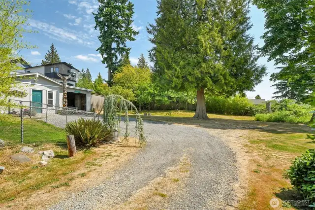 Long private driveway with room for RV, boat, trailer, and guests.