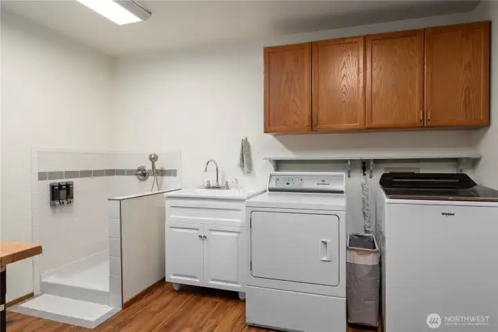 Remodeled mud room includes a dog wash area.