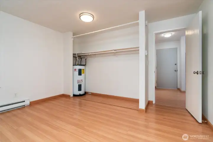 Water heater tucked in the primary closet to maximize floor space.