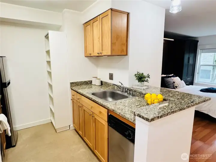 This kitchen is fully-fitted with a dishwasher.