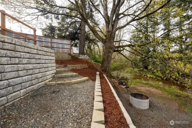 Terraced. Notice the path down to the year round creek with firepit. Peace in your own back yard.