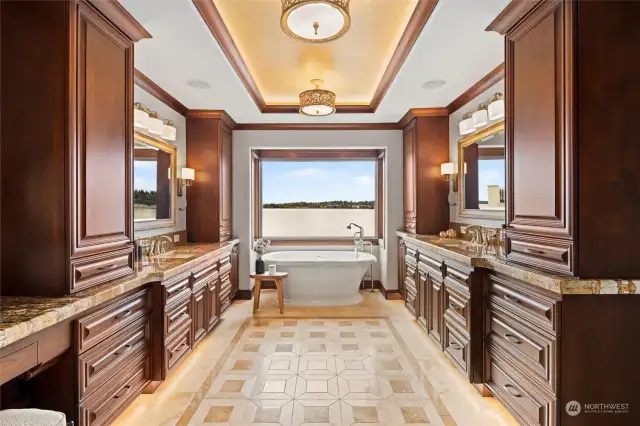 Spa-inspired 5-piece bathroom with standalone bathtub overlooking the Lake