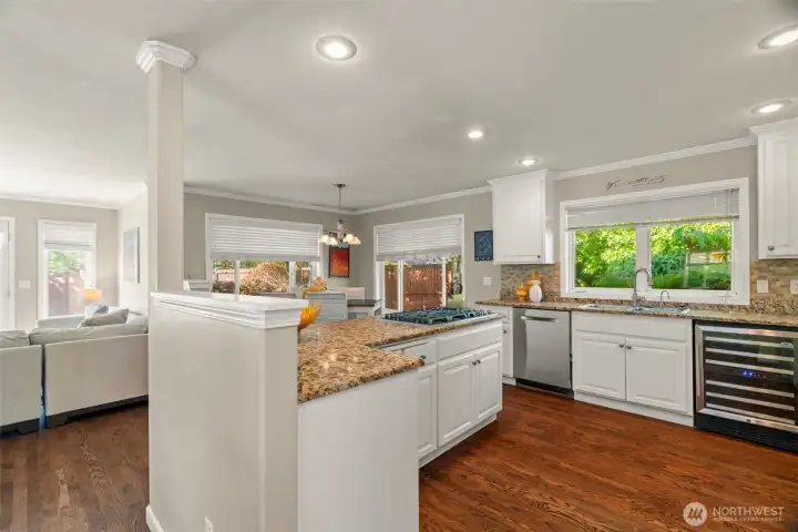 This shows the open kitchen view that overlooks the backyard.