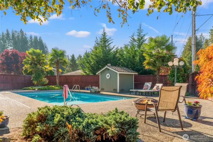 One of a kind backyard, complete with in-ground swimming pool!  Barbeque area has motorized sunshade.