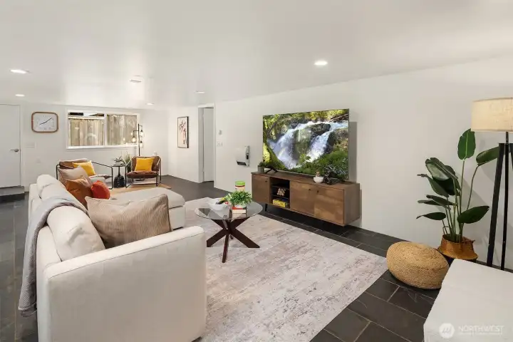 Lower level Bonus/TV room with private outdoor entry from the driveway.