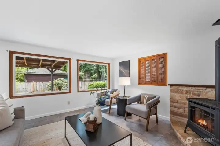 Huge flexible family room with wood burning fireplace