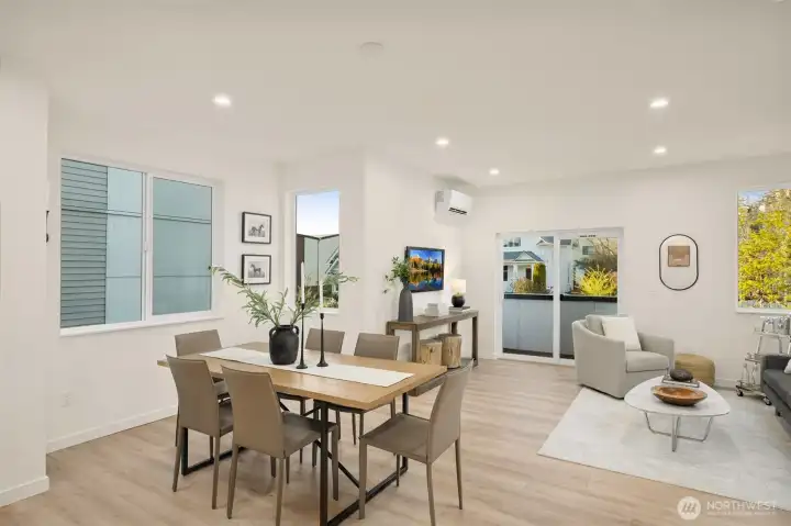 Just off the kitchen, the dining area clearly seperated whilst remaining connected to the main living area