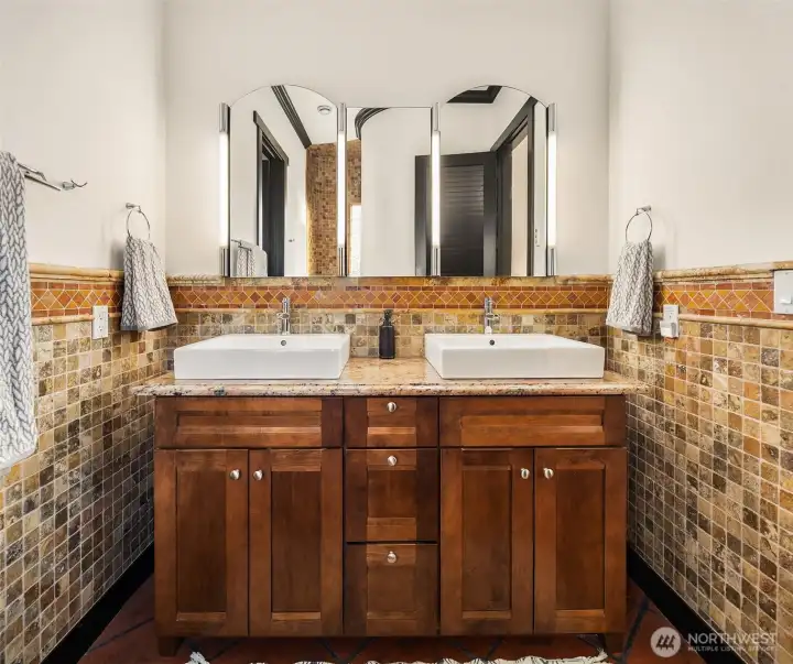 Dual vanity with in-mirror storage; private WC adjacent