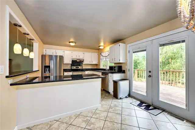 View of kitchen from dining area.
