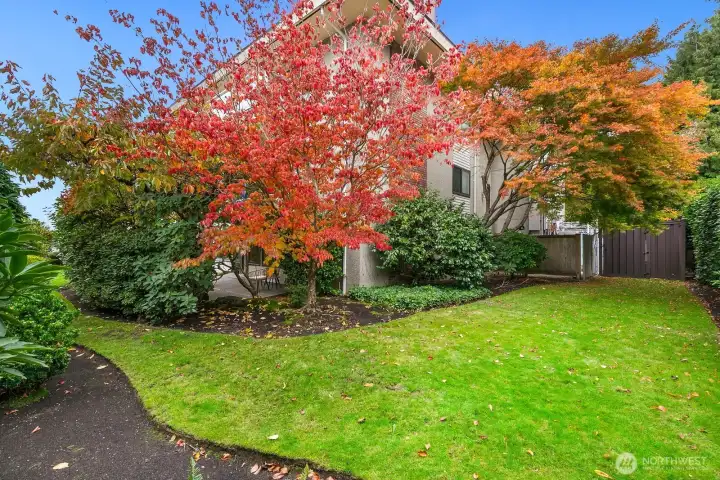 Ground-floor access to lush, well-kept common grounds offering a peaceful, secluded feel.