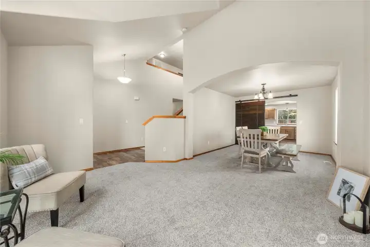 Vaulted ceilings, living room and huge formal dining area