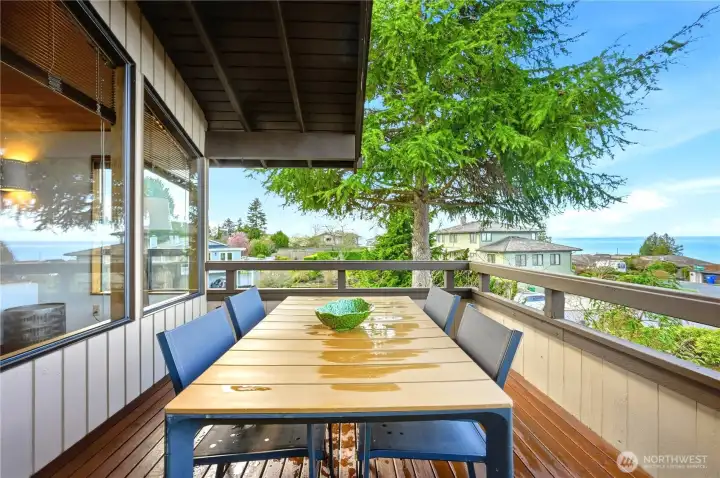 Stunning views of Olympics Mountains and Sound from entertaining size large deck