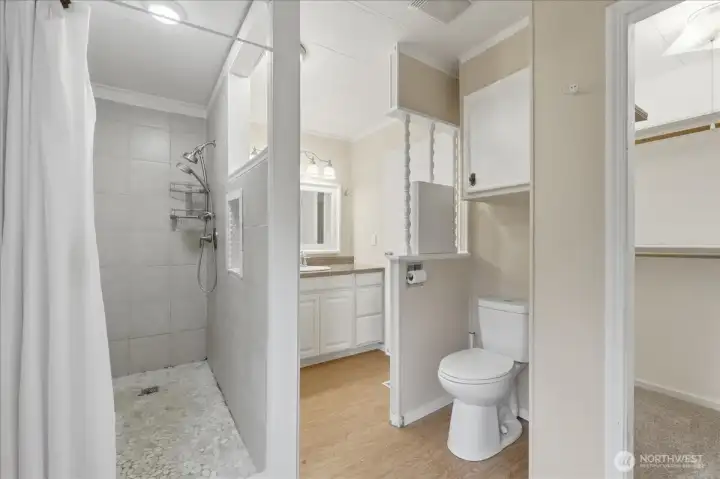 Primary Bath with walk in shower, added walking closet in bathroom