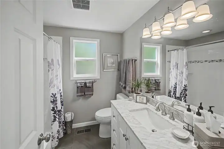 Remodeled full hall bathroom.