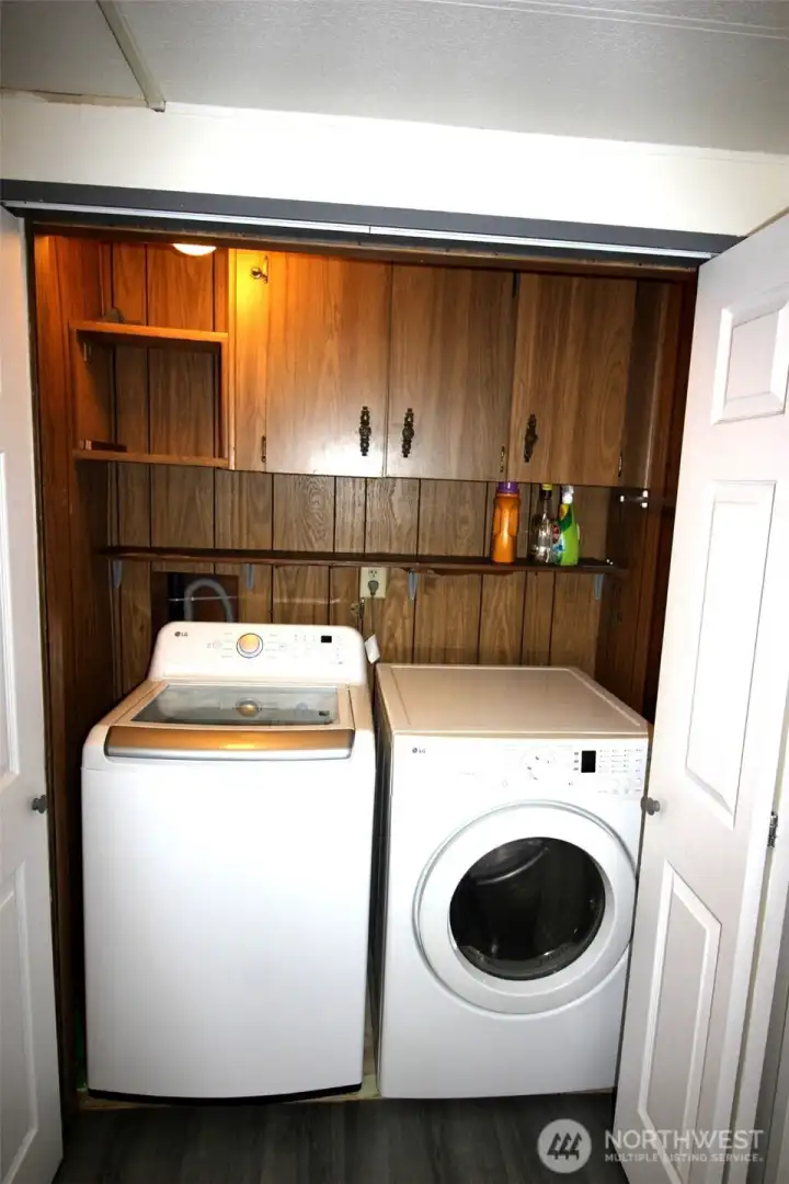 full size washer and dryer, shelves for storage