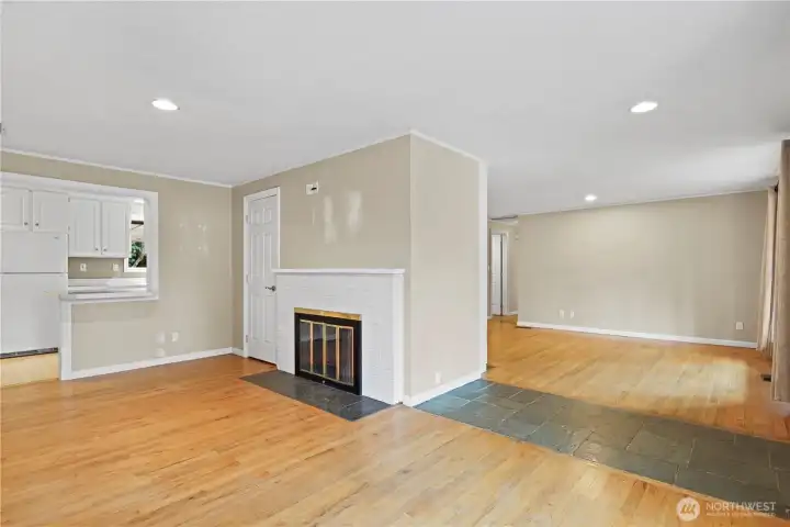 Wood burning fireplace in family room
