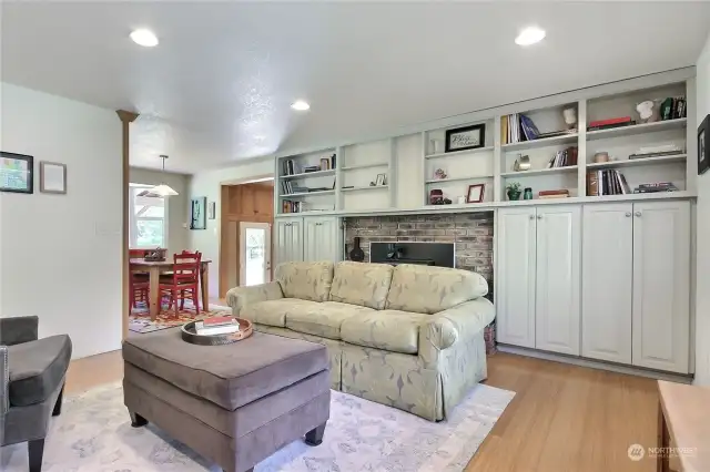 View from the family room to kitchen/dining, LOVE these built-ins!