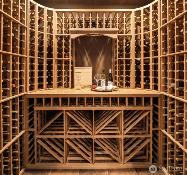 Wine Cellar with leaded rolled glass entry door, custom storage and display