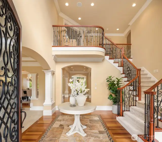 Wrought iron, Brazilian hardwoods, and stone mosaic in Reception Hall
