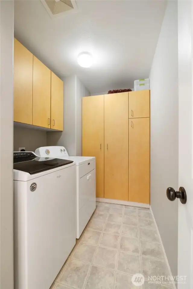 Laundry room offers lots of storage.