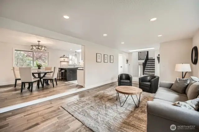 Main floor living room off dining and kitchen area