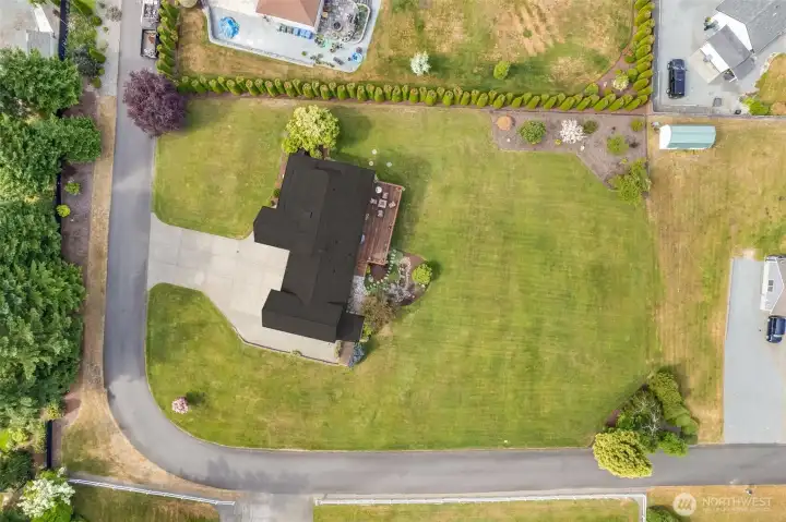 Ariel view of the property. One acre, with easy to manage landscaping