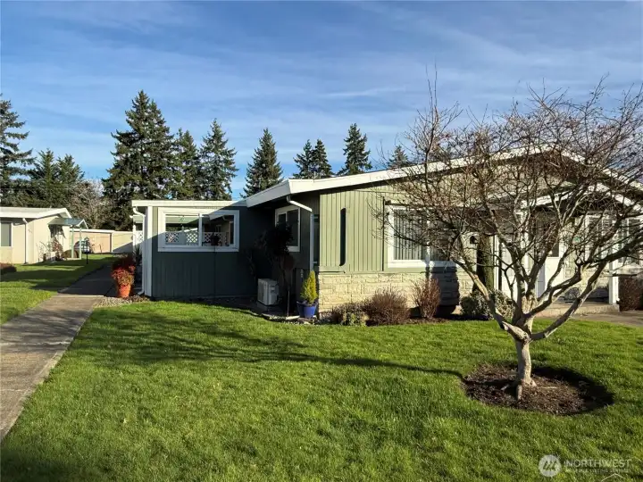 Front and side yard with a sidewalk that leads to the patio or to the rear of the building with parking behind.
