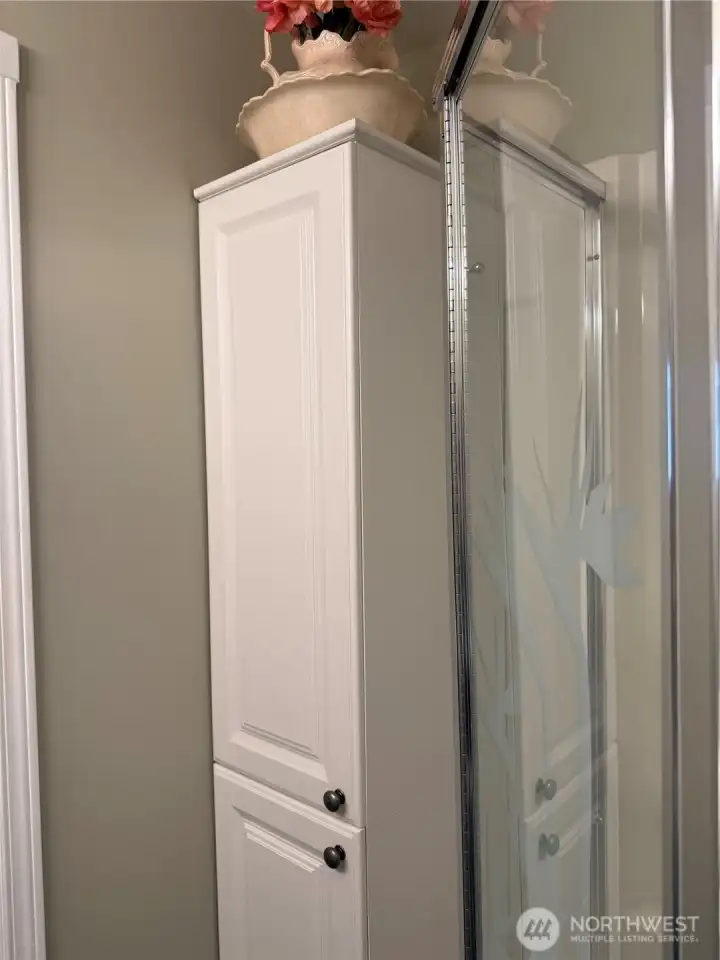 Full cabinet for storage in primary bathroom.