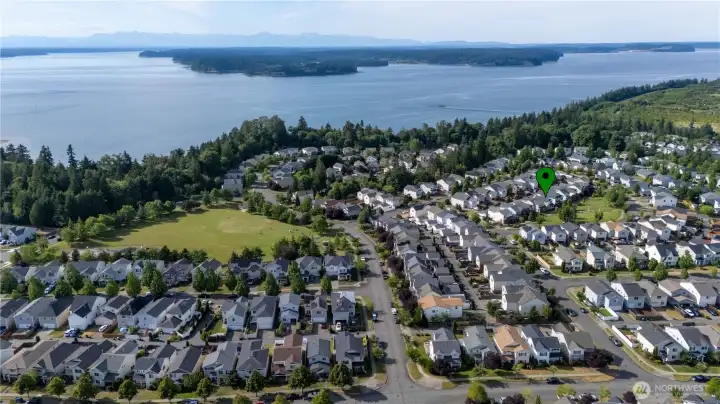Airial view of Leshi  Park and the Puget Sound