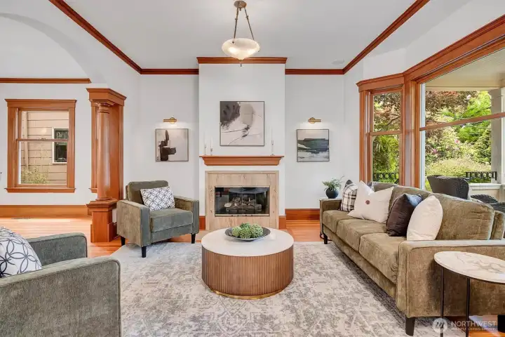 Living Room has coffered ceiling, fir floors and gas fireplace!