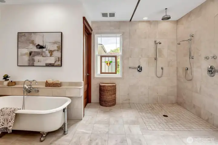 Stunning Primary bathroom with separate tub, 2 sinks,curbless shower!