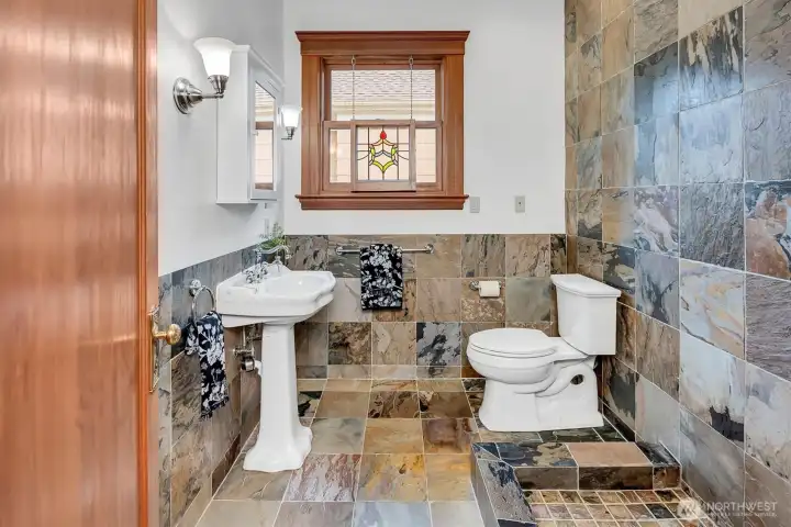 Second floor  Main Bath with slate floors, large shower, tall ceilings!
