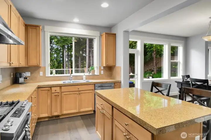 The kitchen overlooks the beautiful yard and greenbelt.