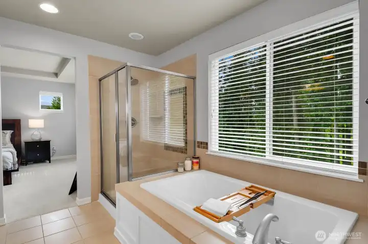 Primary bath is light, bright and very private.