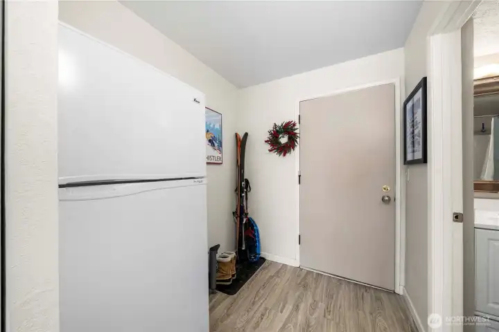 Several owners in the building have reconfigured the entry area to create additional sleeping space by adding a bunk bed.