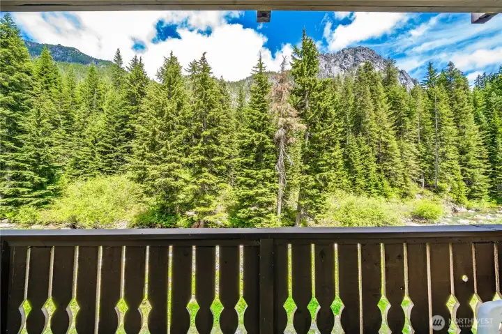 Enjoy mountain, forest, and stream views from your private balcony. Relax to the sounds of the river while taking in the beauty of the surrounding Cascade peaks.