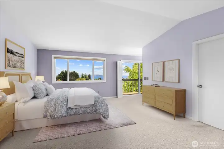 Primary bedroom AI staged with en-suite and stunning views