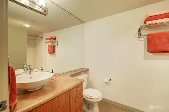 The bathroom is delightfully serene, very spa-like with relaxing colors, a full wall mirror, a classic bowl sink and custom lighting.