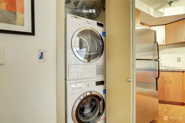 The stacked washer and dryer, conveniently located next to the kitchen, stay with the unit.